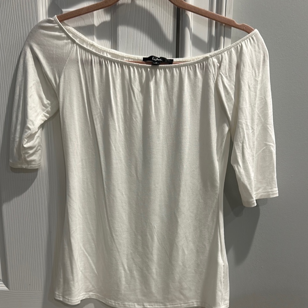 White Ruched Bateau Neck Blouse with 3/4 Sleeves